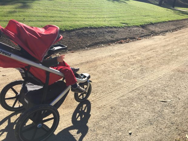 Hiking Baby relaxing in his Thule Urban Glide Trail Stroller