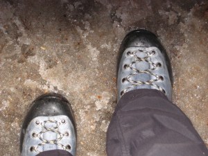 Wearing my La Sportiva Glacier Evos in icy slush